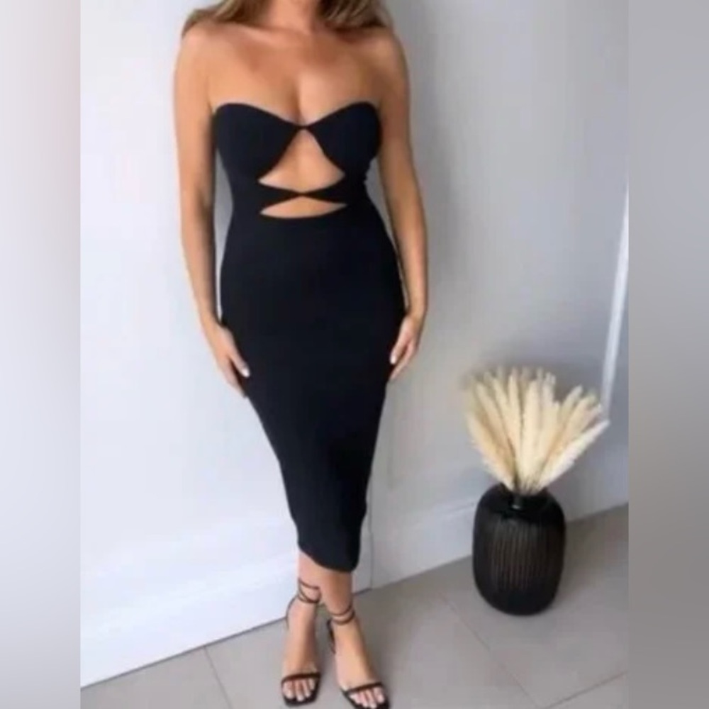 NWOT Zara Asymmetric Little Black Dress Midi Cut Out Waist Feminine Cocktail S